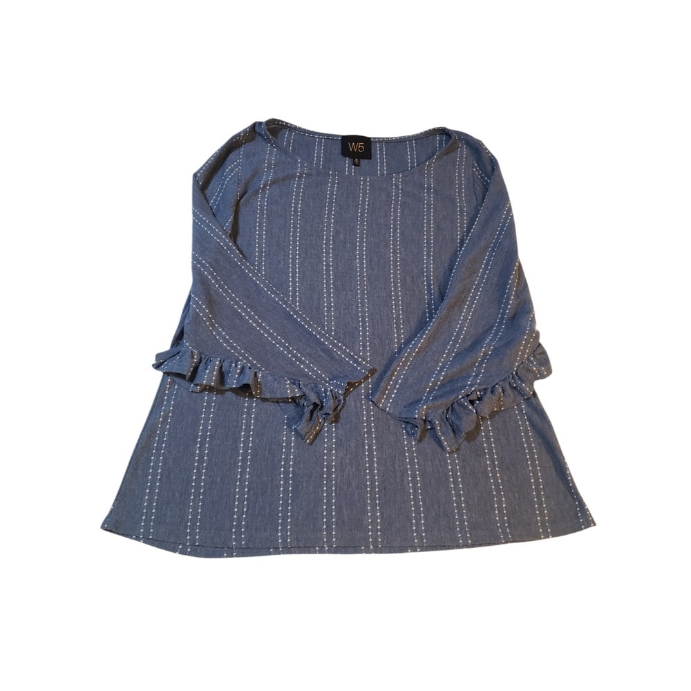 W5 Anthropologie Womens Shirt M Blue Striped Ruffle Detailed Sleeve Tunic Top